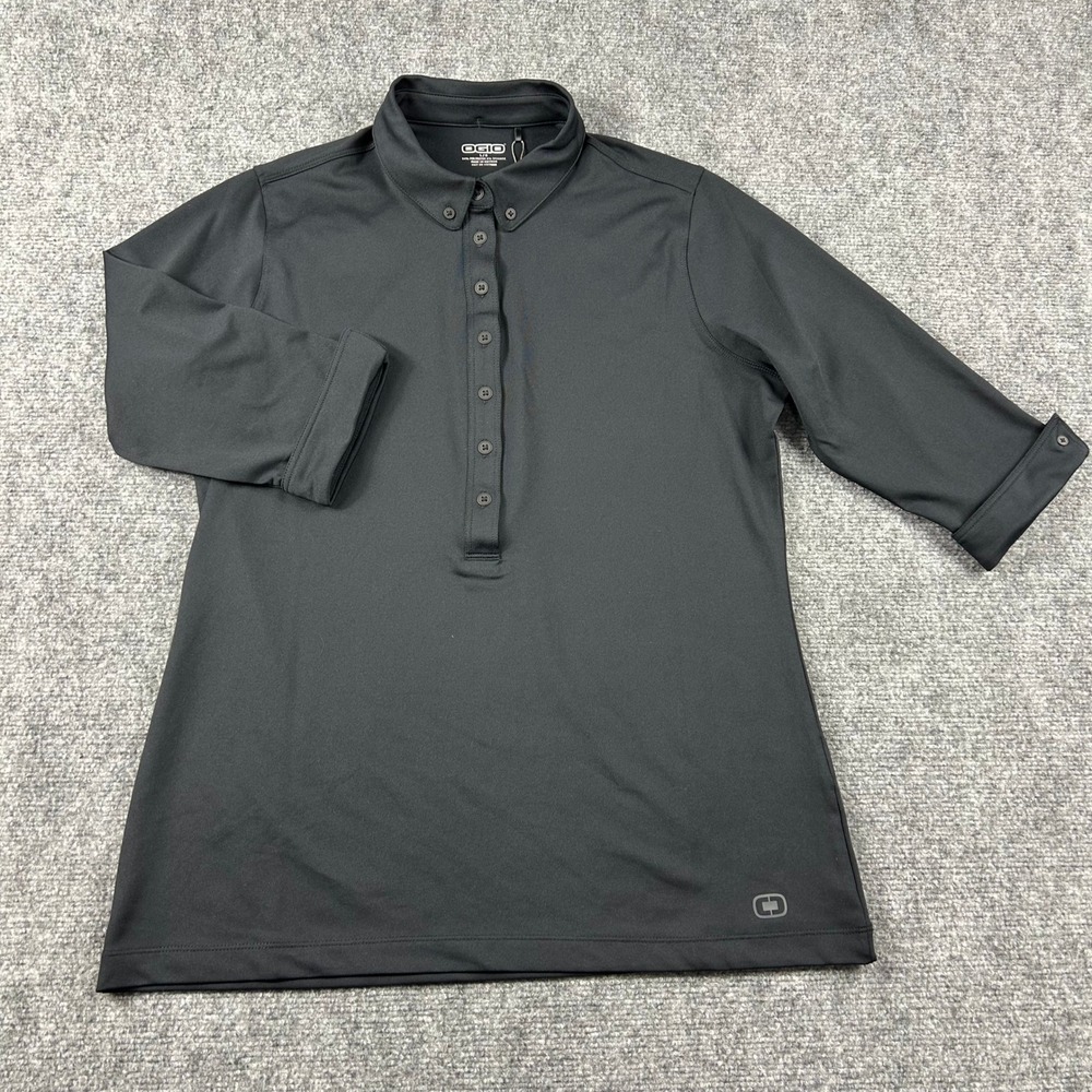 OGIO Polo Shirt Womens Large Black 3/4 Sleeve Button Down Performance Golf Top